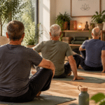 Äldre män på yogamattor