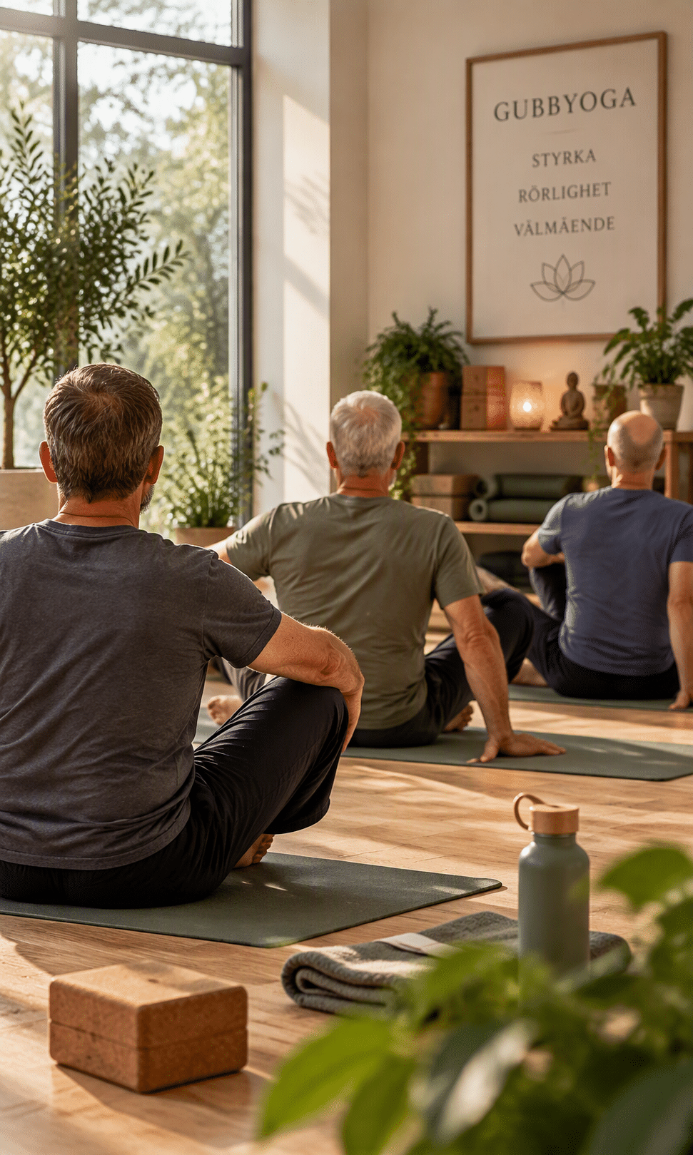 Äldre män på yogamattor
