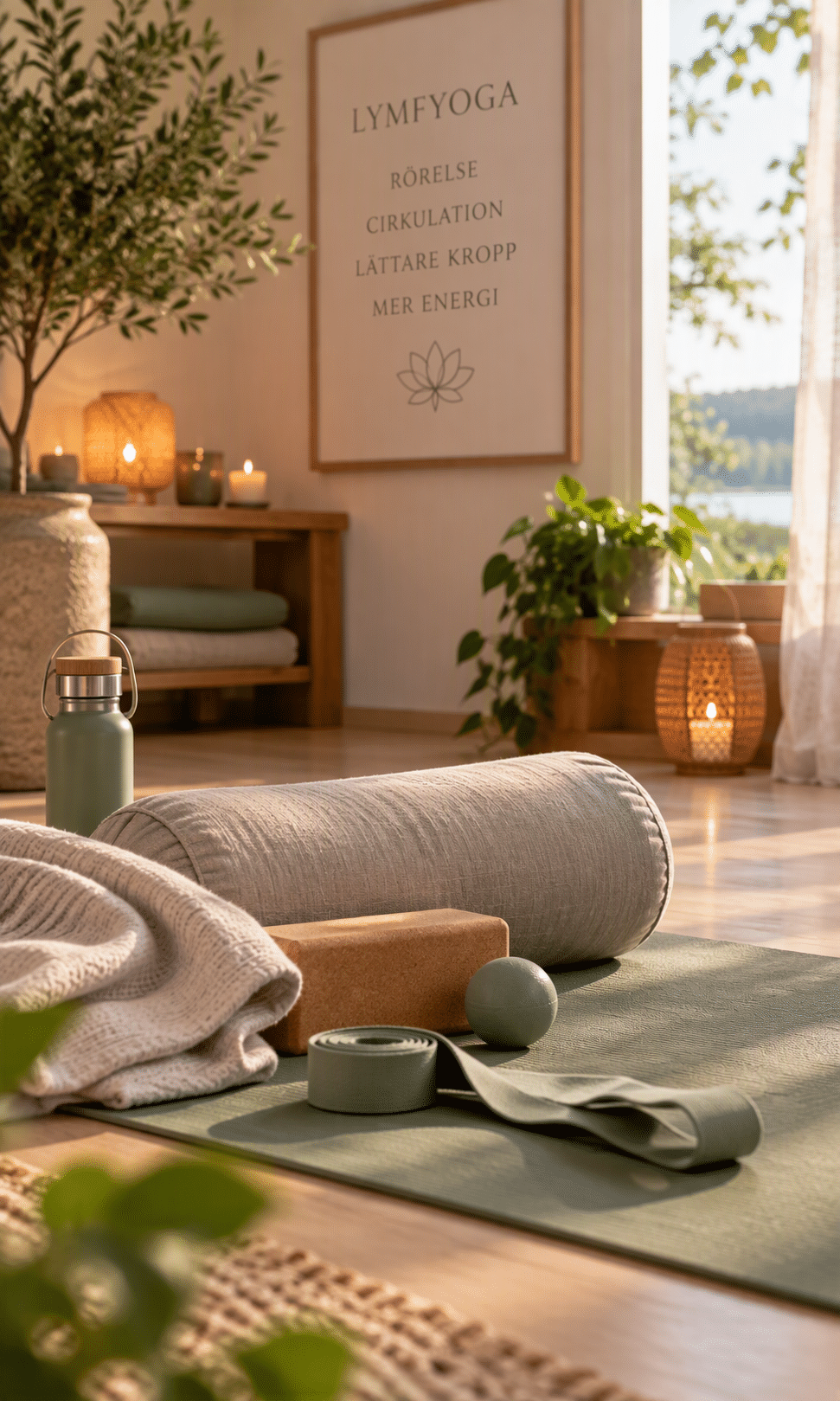 En yogamatta och stämningsfull belysning